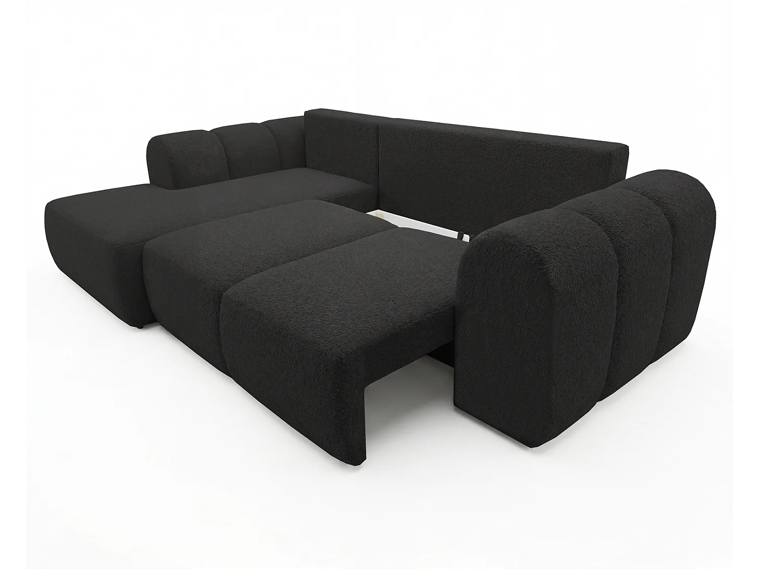 Canapé d'angle convertible 275 cm Salero, tissu bouclé avec coffre de rangement, angle à gauche, Noir