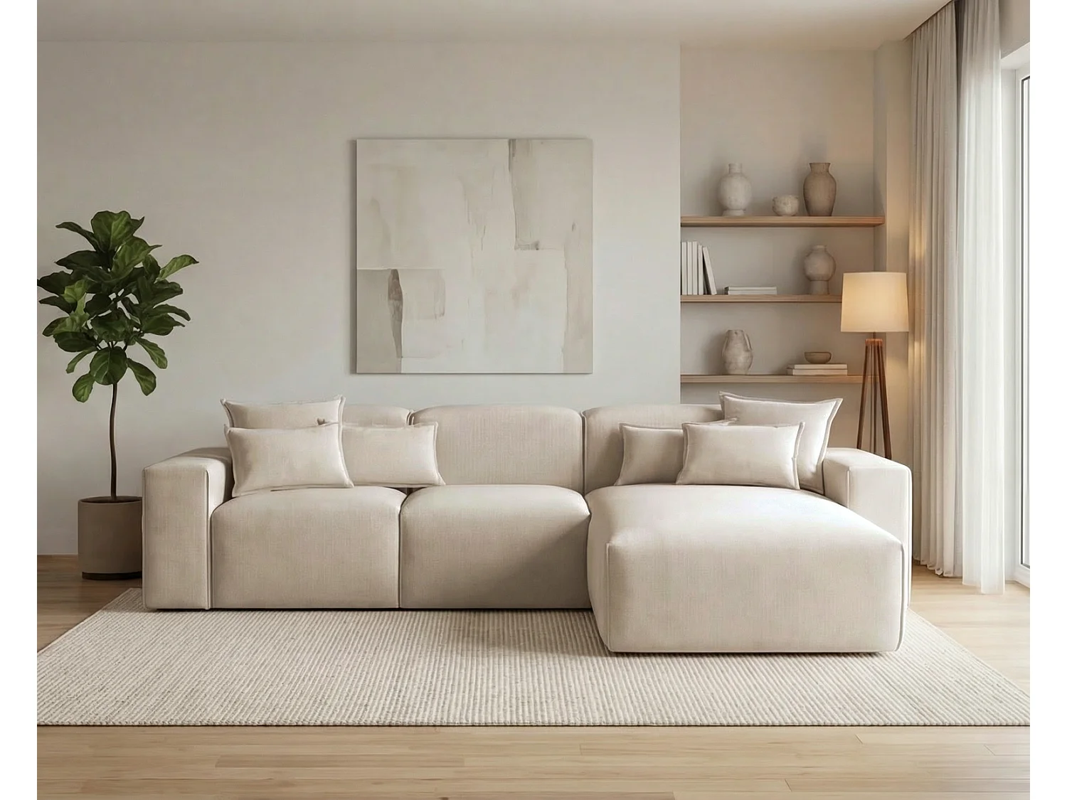 Moderne hoekbank 265 cm Tamari - vaste bank in L-vorm, rechterhoek, dik schuim, Beige
