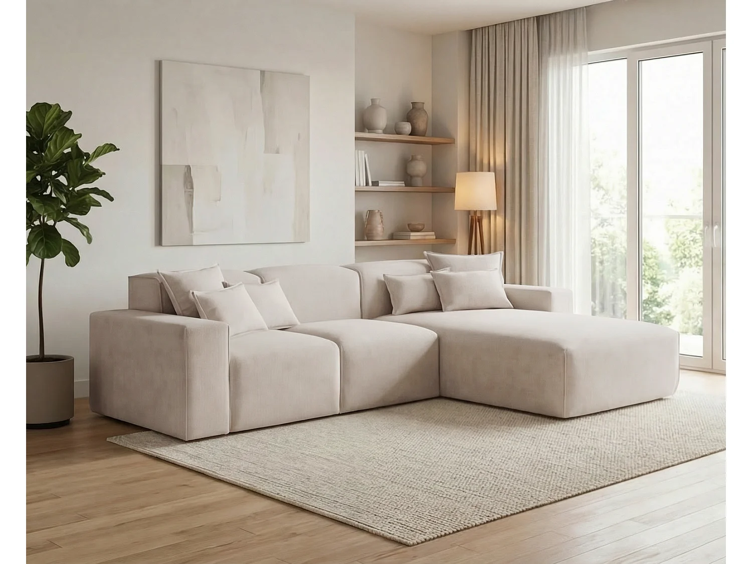 Moderne hoekbank 265 cm Tamari - vaste bank in L-vorm, rechterhoek, dik schuim, Beige