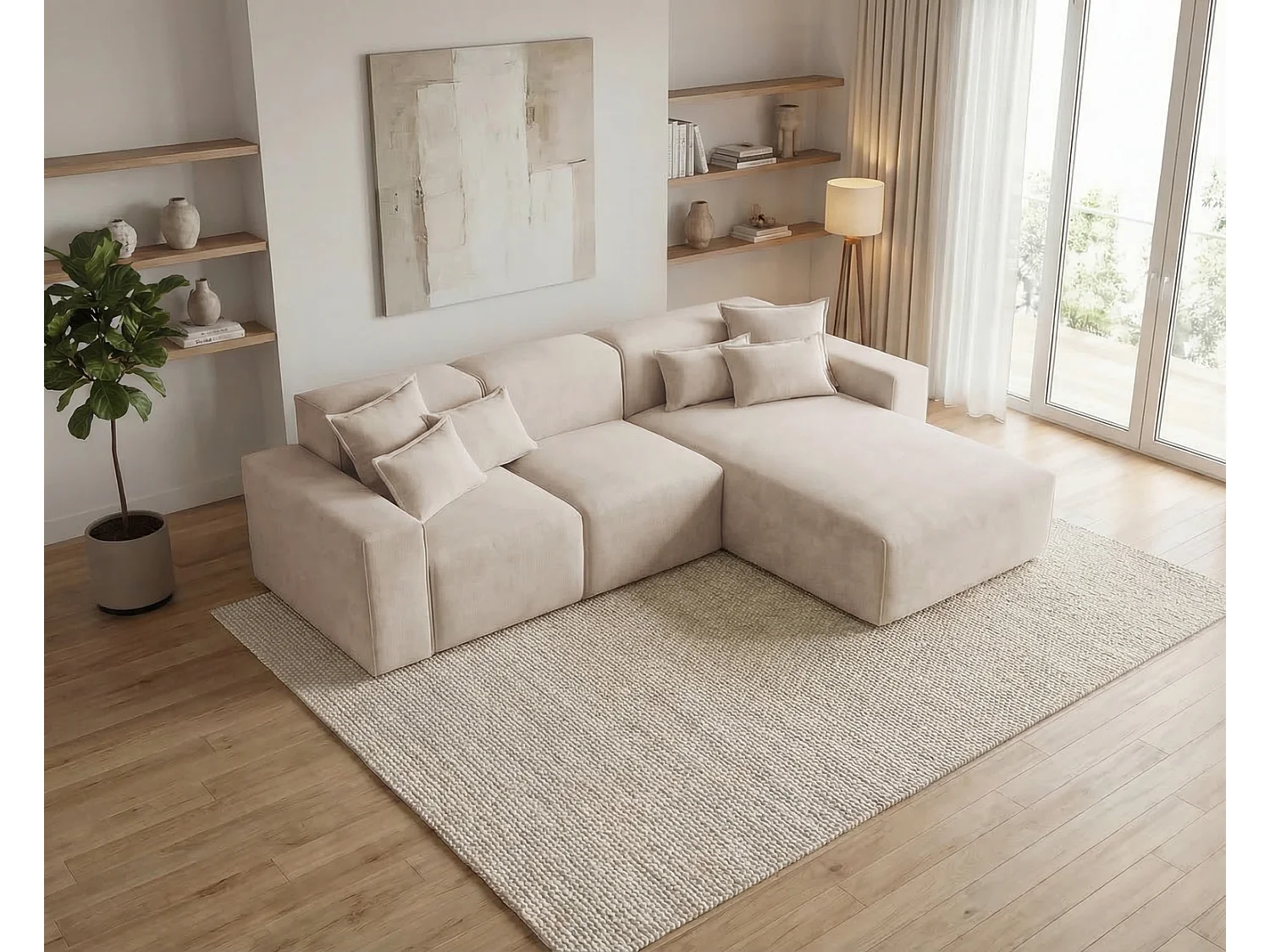 Moderne hoekbank 265 cm Tamari - vaste bank in L-vorm, rechterhoek, dik schuim, Beige