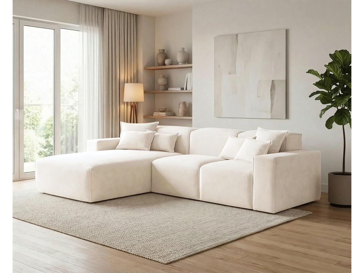 Moderne hoekbank 265 cm Tamari - vaste bank in L-vorm, linkerhoek, dik schuim, Crème