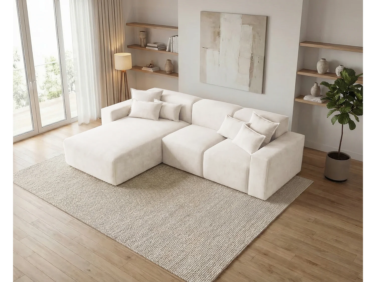 Moderne hoekbank 265 cm Tamari - vaste bank in L-vorm, linkerhoek, dik schuim, Crème