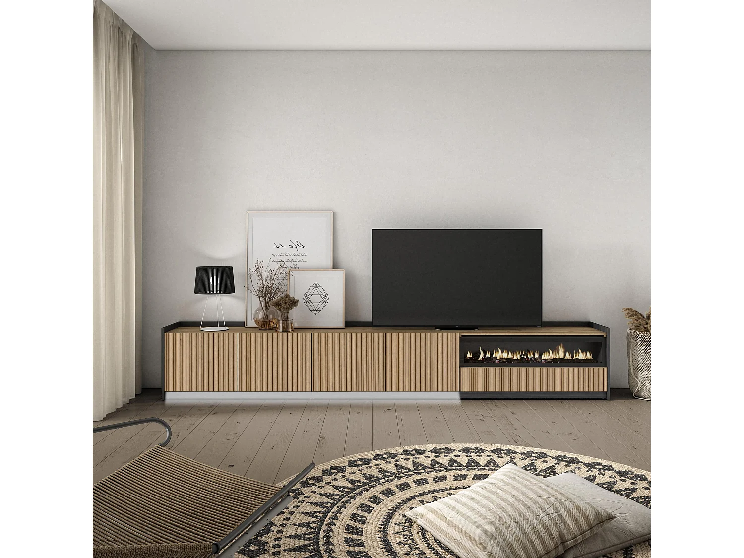 TV-Meubel, Lowboard, 310x50x37 cm, Voor tv's tot 80", Elektrische haard, Led, Eiken/Zwart