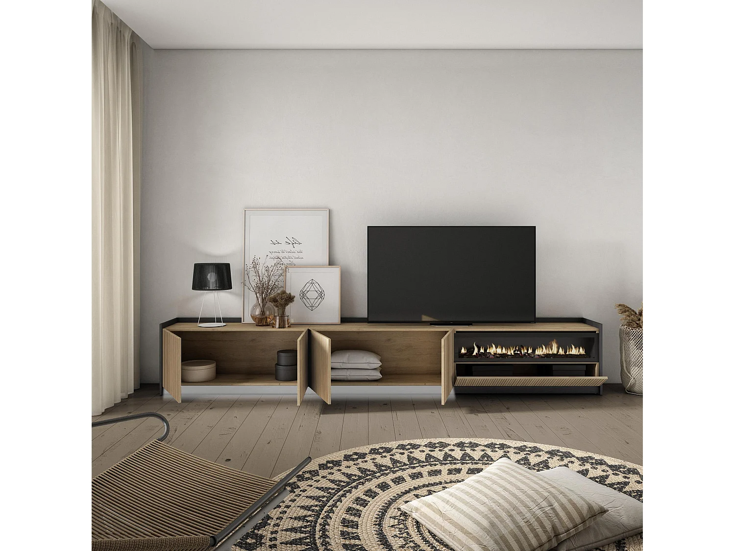 TV-Meubel, Lowboard, 310x50x37 cm, Voor tv's tot 80", Elektrische haard, Led, Eiken/Zwart