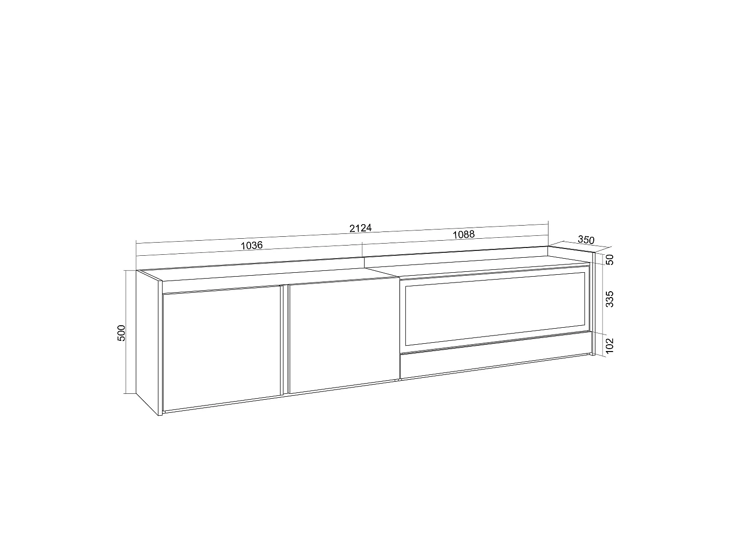 TV-Meubel, Lowboard, 212x50x35 cm, Voor tv's tot 80", Elektrische haard XXL, Hangend, Led, Eiken/Zwart