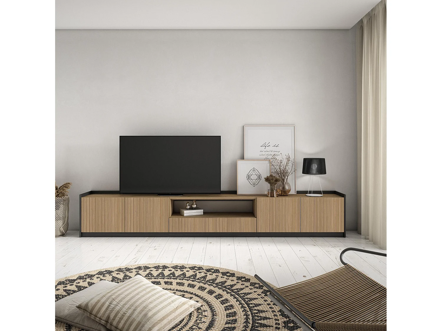TV-Meubel, Lowboard, 310x50x37 cm, Voor tv's tot 80", TV-Tafel, Eiken/Zwart
