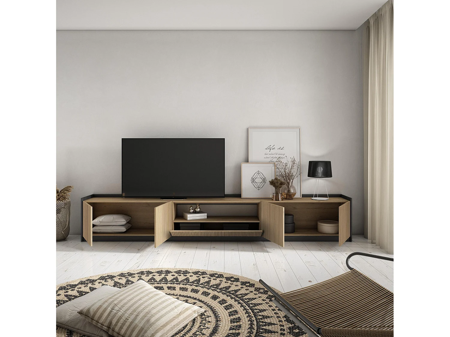 TV-Meubel, Lowboard, 310x50x37 cm, Voor tv's tot 80", TV-Tafel, Eiken/Zwart