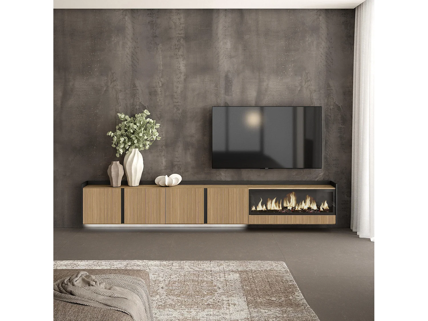 TV-Meubel, Lowboard, 315x50x35 cm, Voor tv's tot 80", Elektrische haard XXL, Hangend, Led, Eiken/Zwart