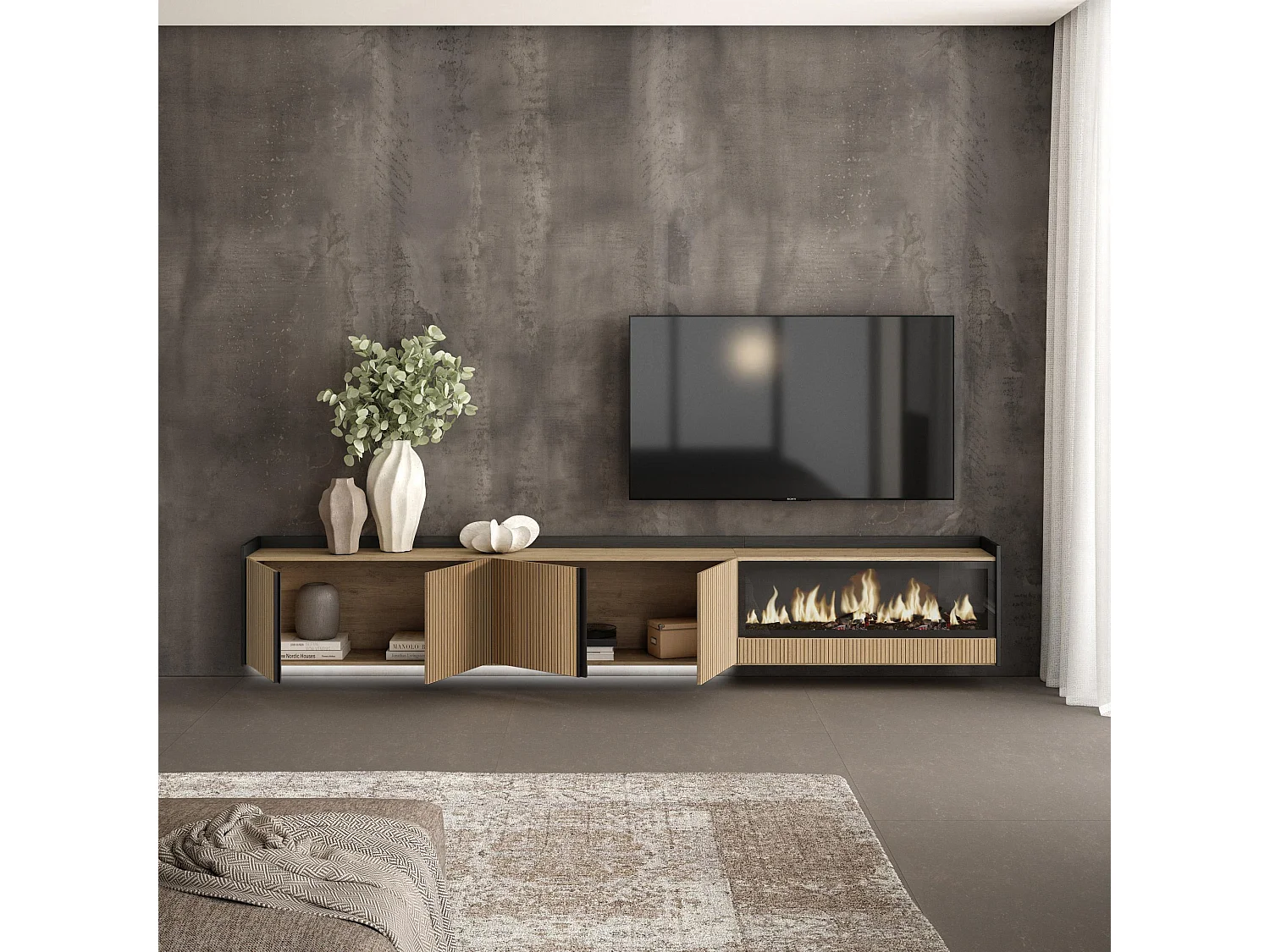 TV-Meubel, Lowboard, 315x50x35 cm, Voor tv's tot 80", Elektrische haard XXL, Hangend, Led, Eiken/Zwart