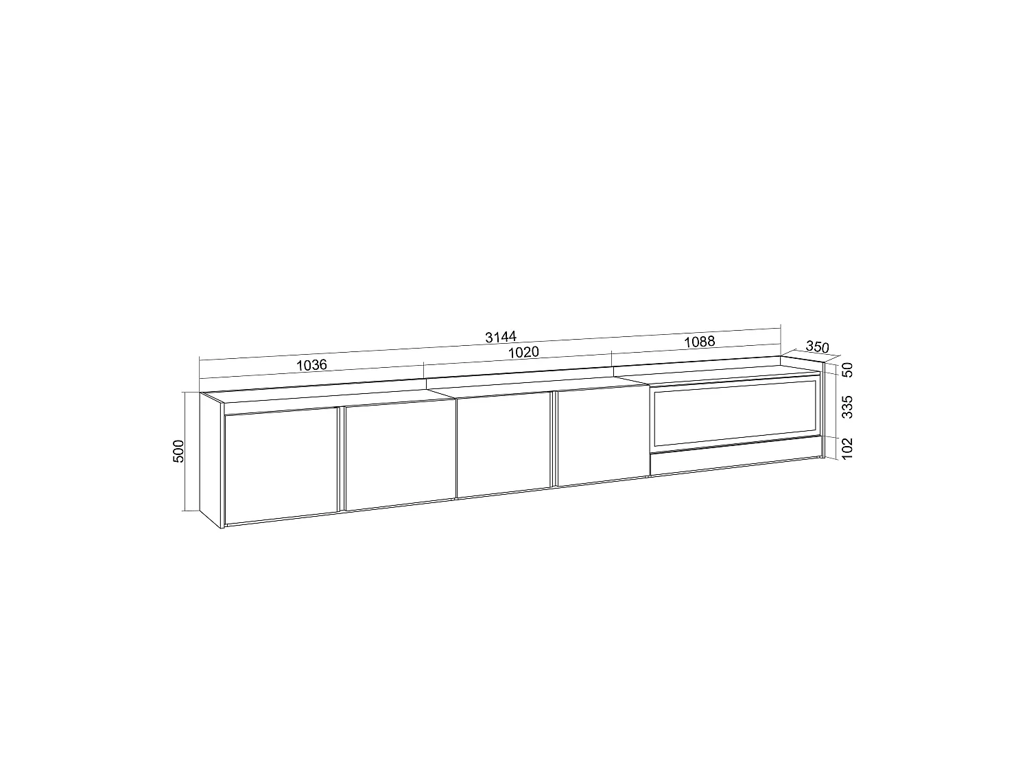 TV-Meubel, Lowboard, 315x50x35 cm, Voor tv's tot 80", Elektrische haard XXL, Hangend, Led, Eiken/Zwart