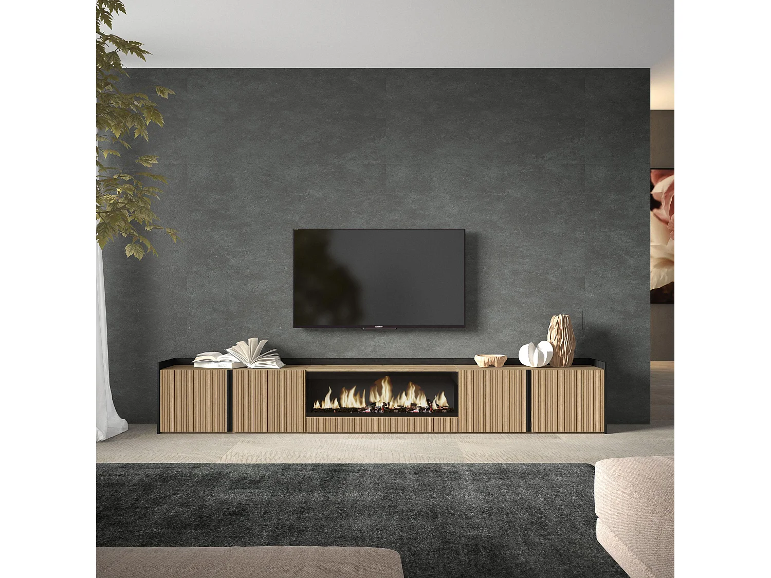 TV-Meubel, Lowboard, 315x50x35 cm, Voor tv's tot 80", Elektrische haard XXL, Eiken/Zwart