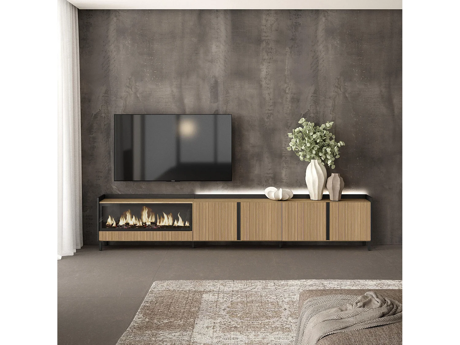 Móvel de TV, 315x61x35 cm, Para televisores até 80", Lareira eléctrica XXL, Design industrial, Led, Carvalho e preto