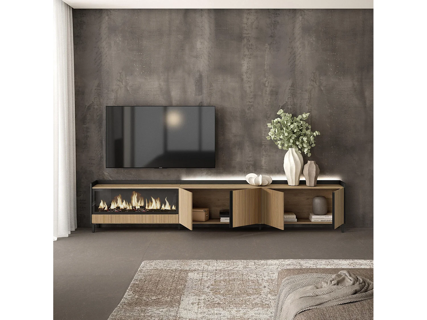 Móvel de TV, 315x61x35 cm, Para televisores até 80", Lareira eléctrica XXL, Design industrial, Led, Carvalho e preto