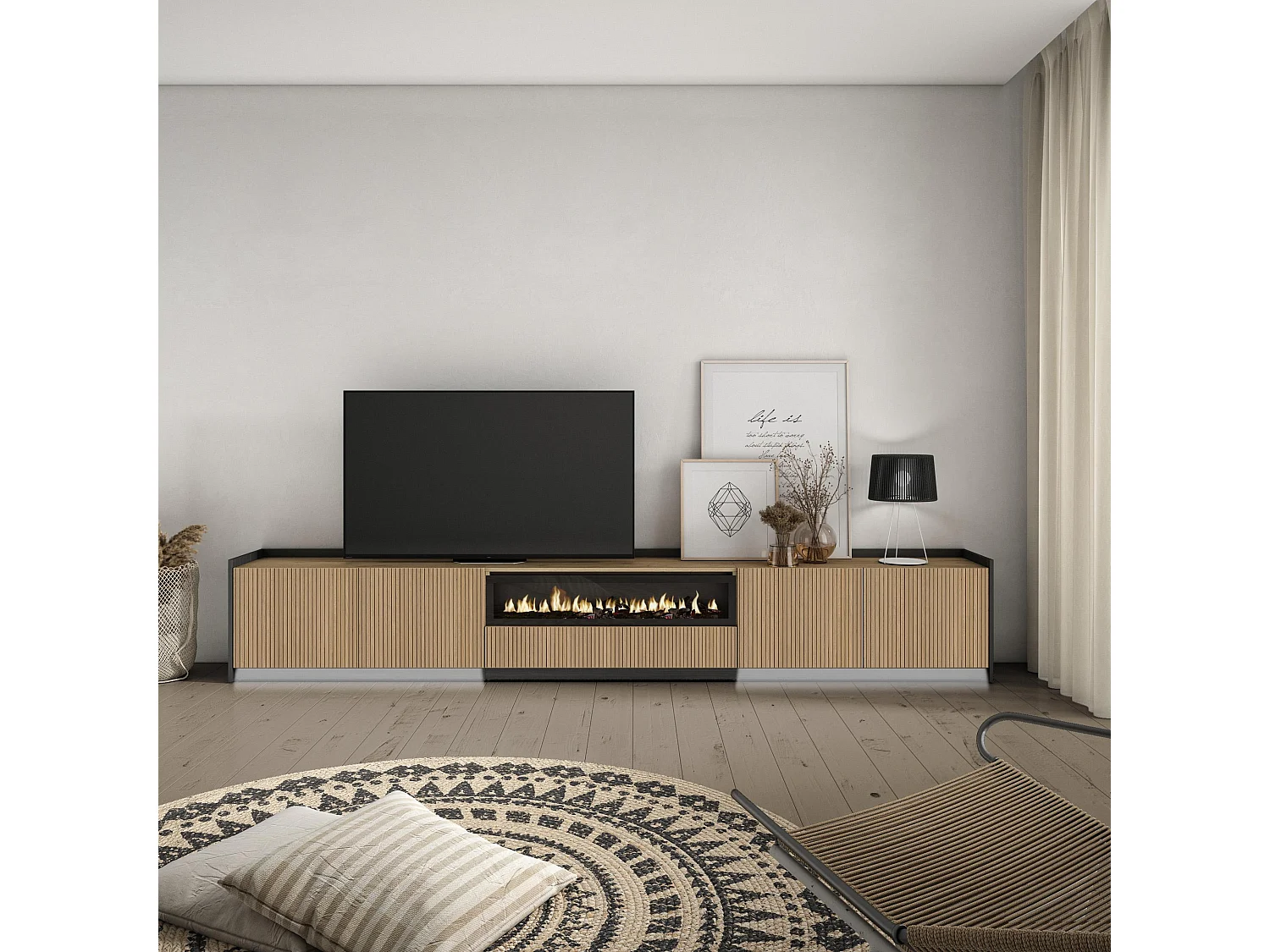 TV-Meubel, Lowboard, 310x50x37 cm, Voor tv's tot 80", Elektrische haard, Led, Eiken/Zwart