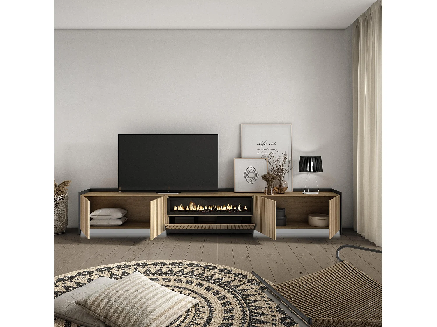 TV-Meubel, Lowboard, 310x50x37 cm, Voor tv's tot 80", Elektrische haard, Led, Eiken/Zwart