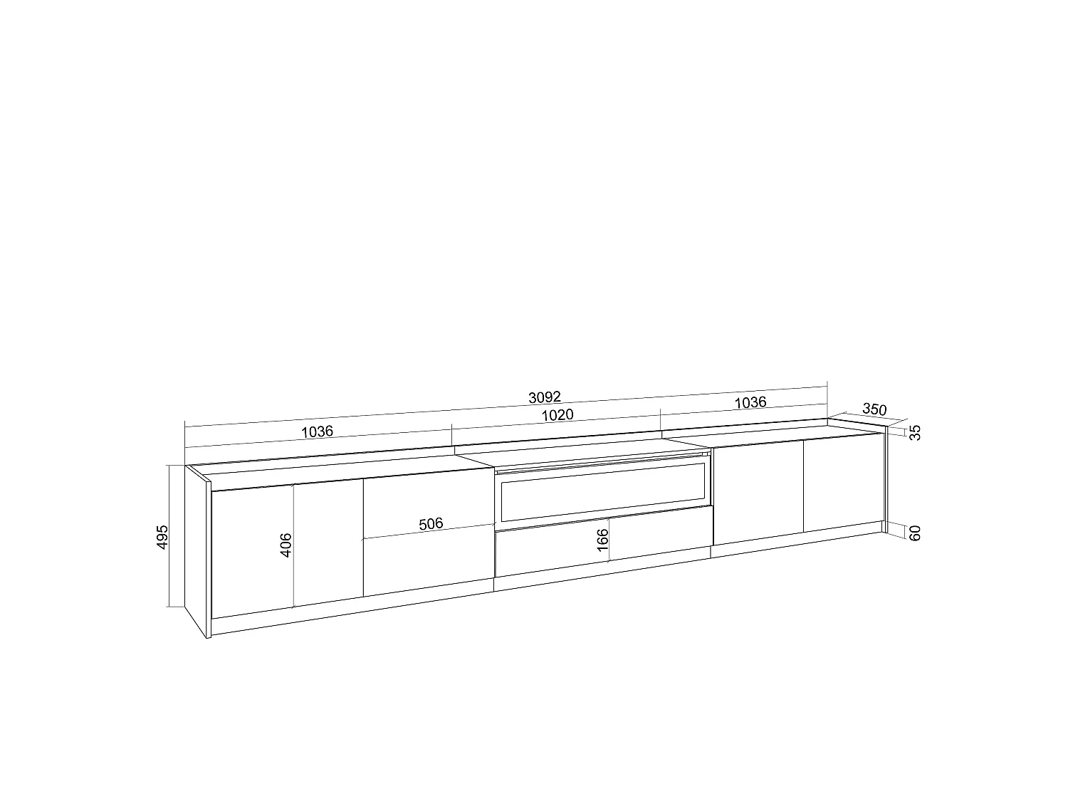 TV-Meubel, Lowboard, 310x50x37 cm, Voor tv's tot 80", Elektrische haard, Led, Eiken/Zwart