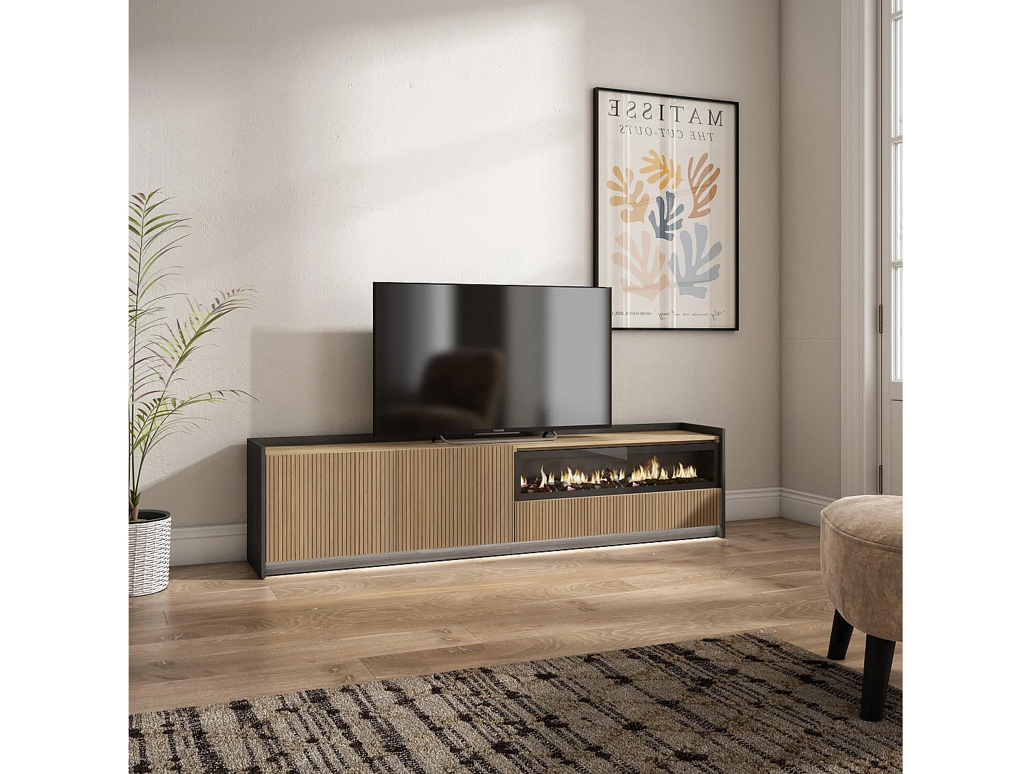 TV-Meubel, Lowboard, 207x50x37 cm, Voor tv's tot 80", Elektrische haard, Led, Eiken/Zwart
