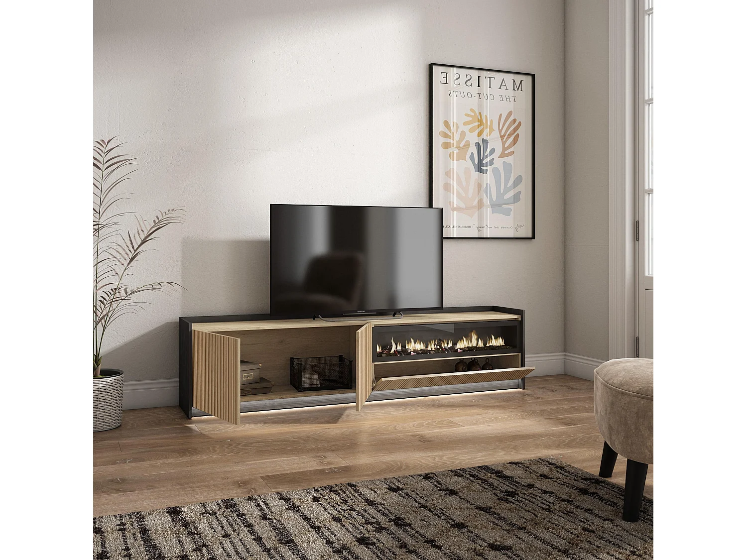 TV-Meubel, Lowboard, 207x50x37 cm, Voor tv's tot 80", Elektrische haard, Led, Eiken/Zwart