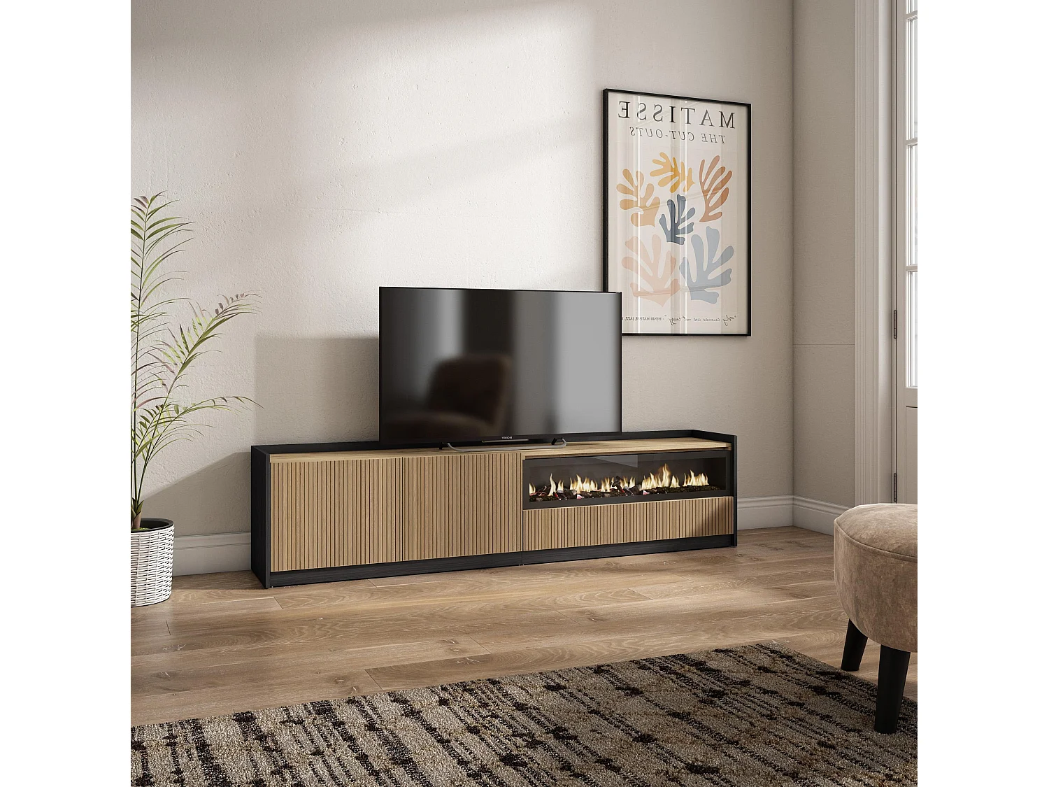 Meuble TV, Banc Télé, 207x50x37 cm, Pour les TV jusqu'à 80", Cheminée électrique, Chêne et noir