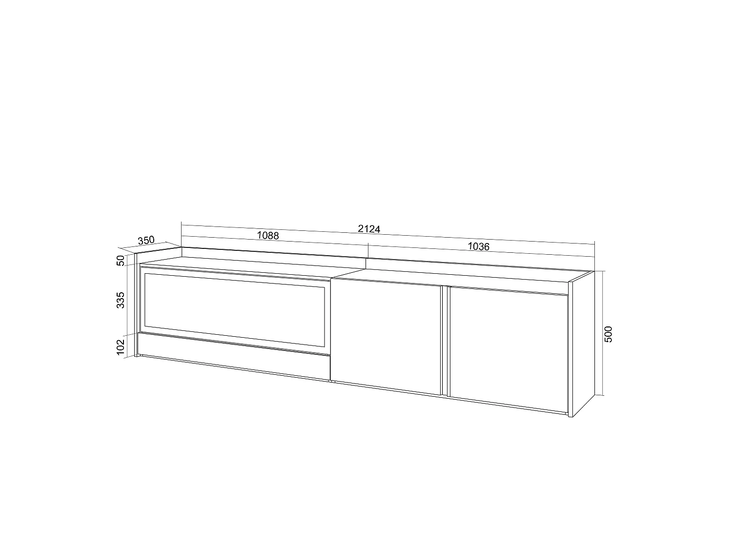 TV-Meubel, Lowboard, 212x50x35 cm, Voor tv's tot 80", Elektrische haard XXL, Hangend, Led, Eiken/Zwart