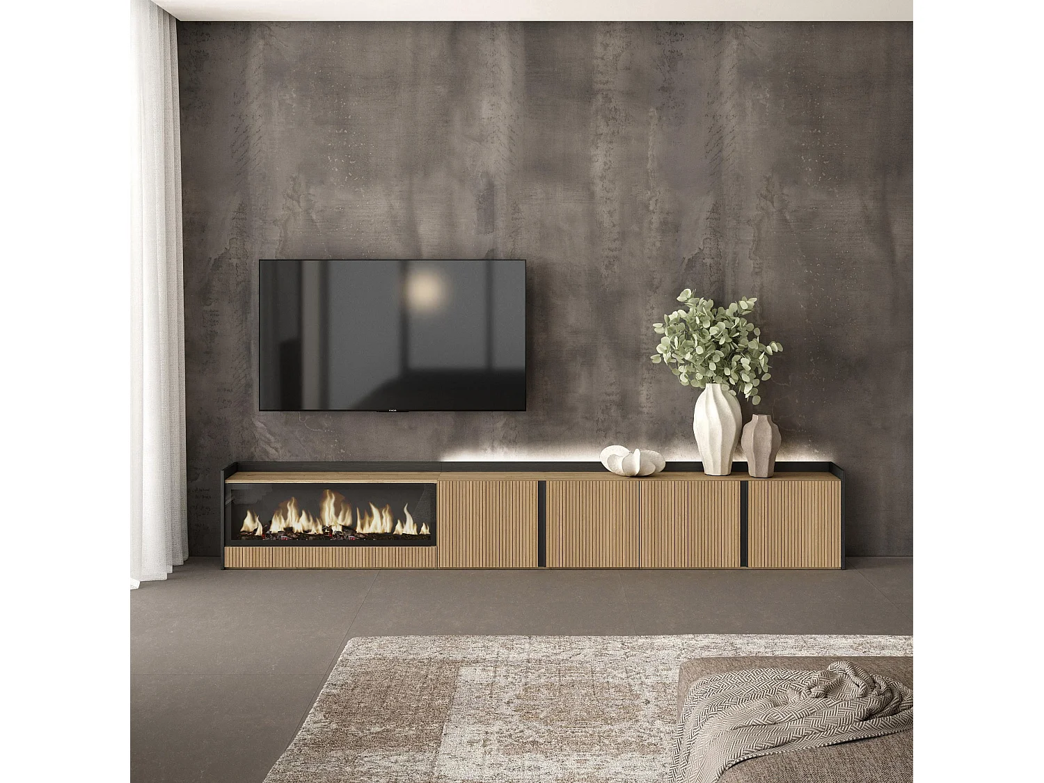TV-Meubel, Lowboard, 315x50x35 cm, Voor tv's tot 80", Elektrische haard XXL, Led, Eiken/Zwart