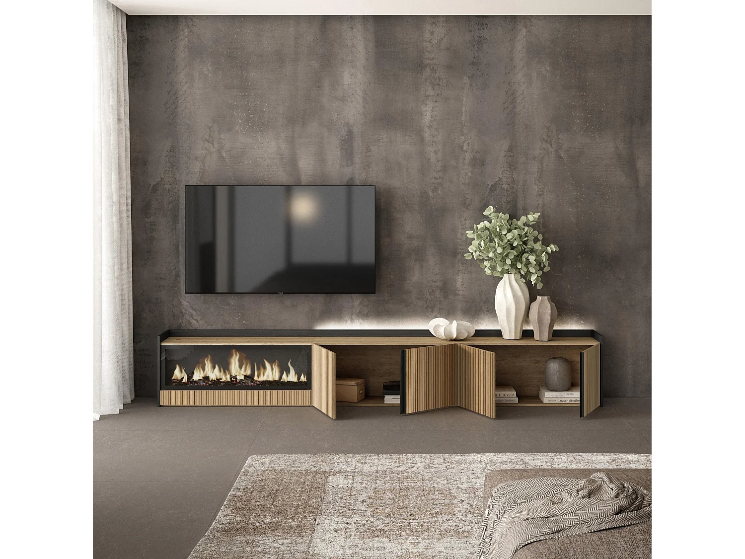 TV-Meubel, Lowboard, 315x50x35 cm, Voor tv's tot 80", Elektrische haard XXL, Led, Eiken/Zwart