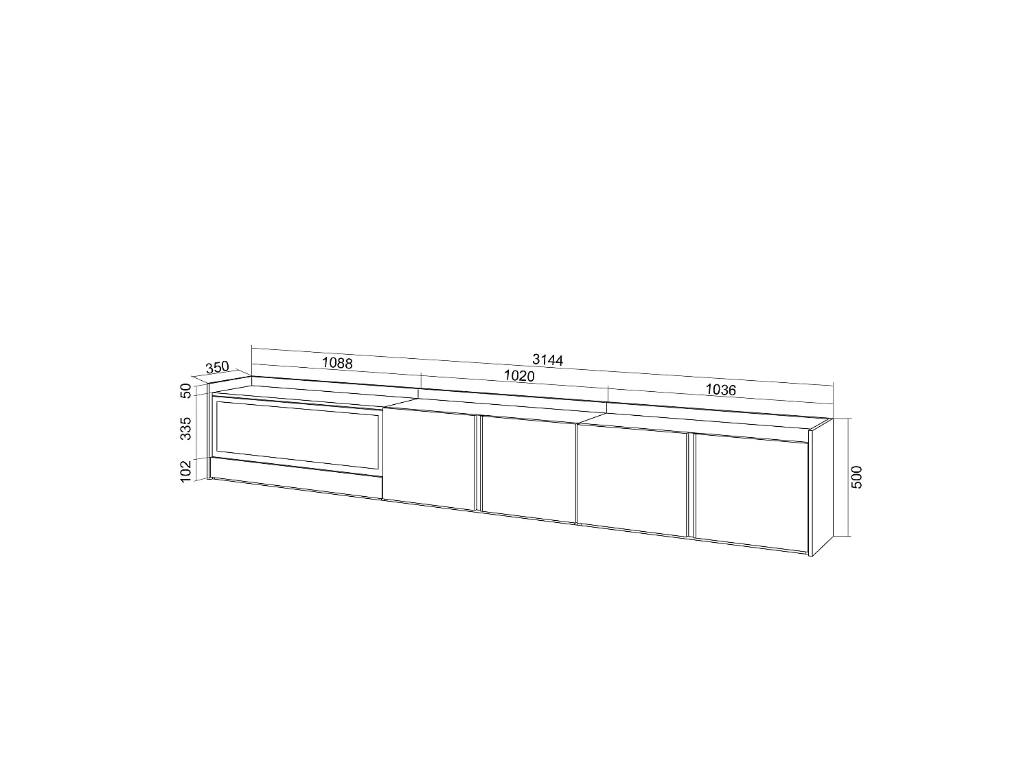 TV-Meubel, Lowboard, 315x50x35 cm, Voor tv's tot 80", Elektrische haard XXL, Led, Eiken/Zwart