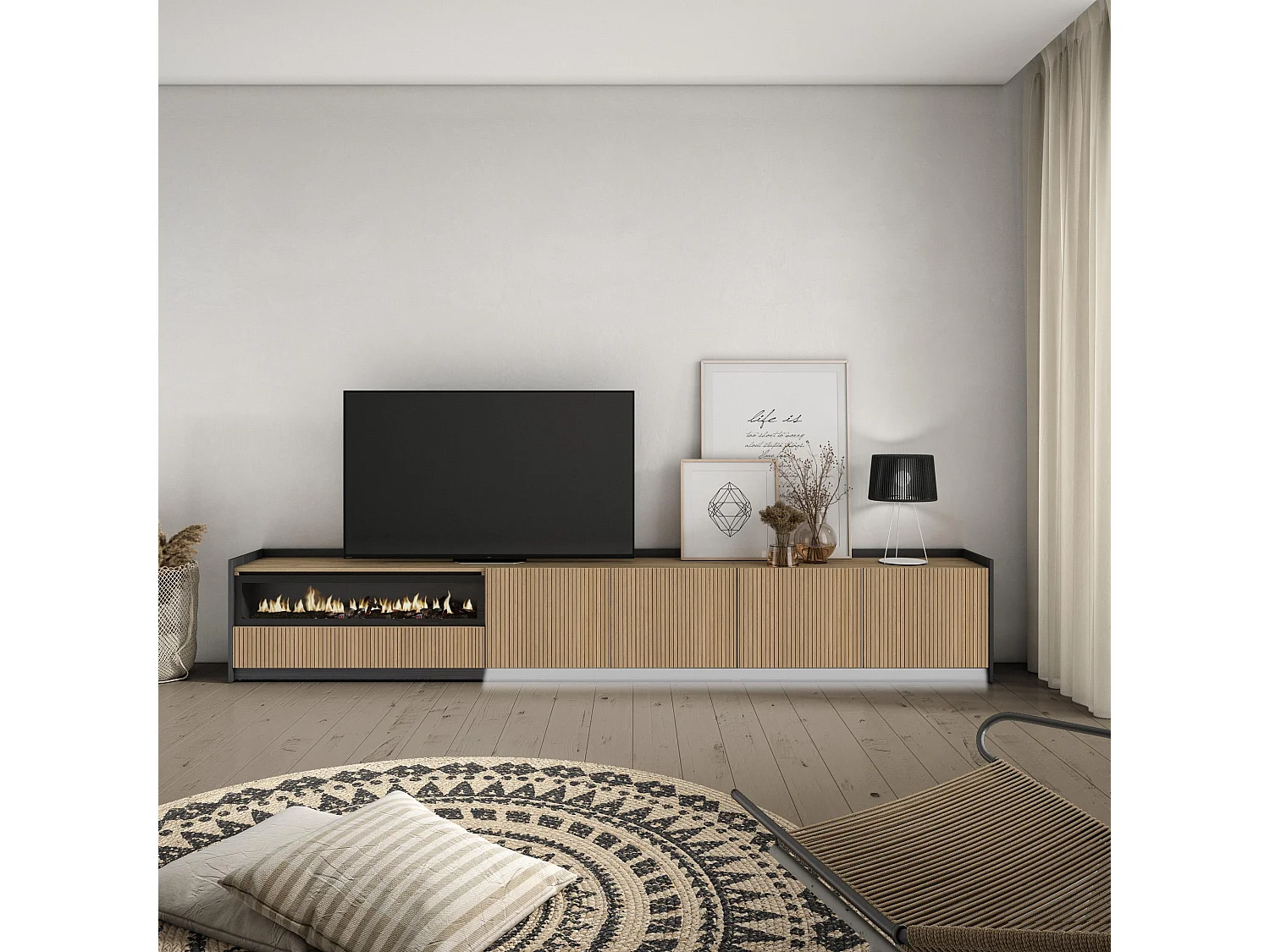 TV-Meubel, Lowboard, 310x50x37 cm, Voor tv's tot 80", Elektrische haard, Led, Eiken/Zwart