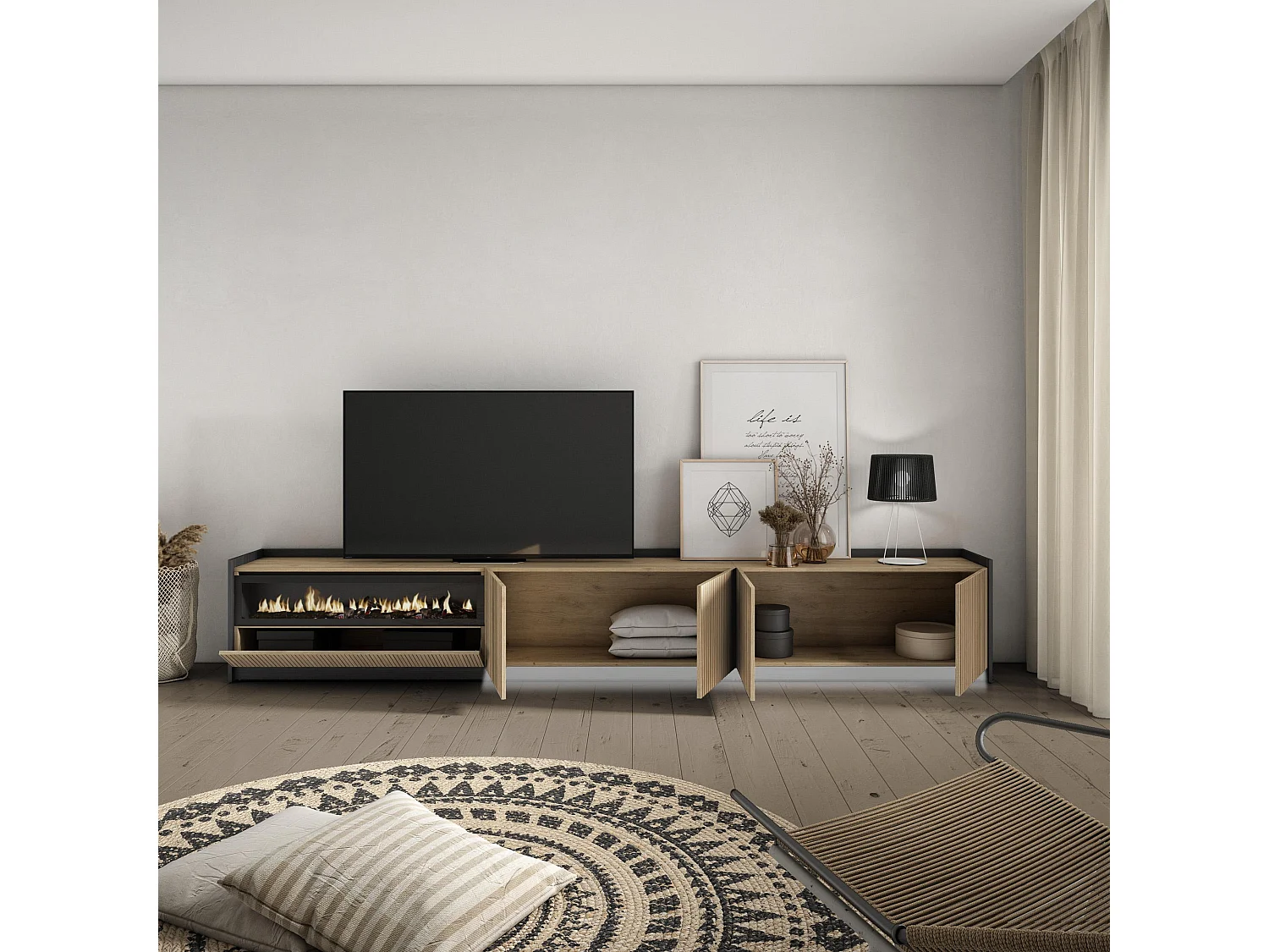 TV-Meubel, Lowboard, 310x50x37 cm, Voor tv's tot 80", Elektrische haard, Led, Eiken/Zwart