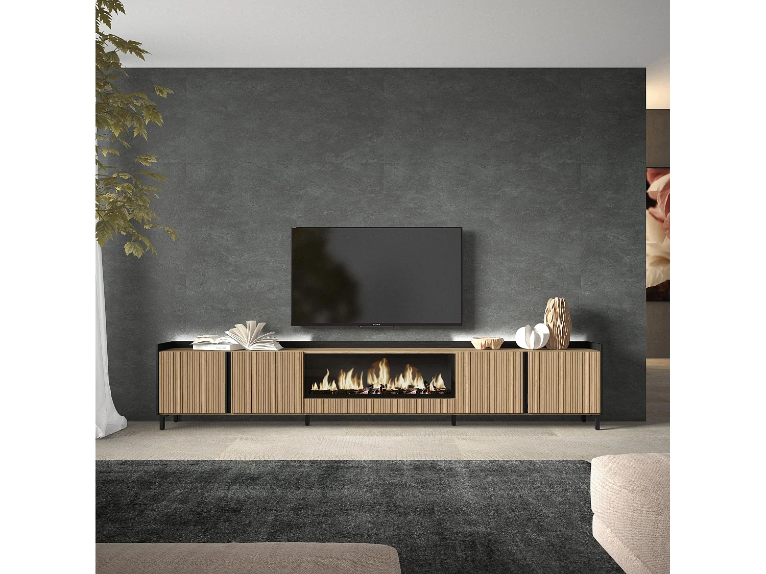Móvel de TV, 315x61x35 cm, Para televisores até 80", Lareira eléctrica XXL, Design industrial, Led, Carvalho e preto