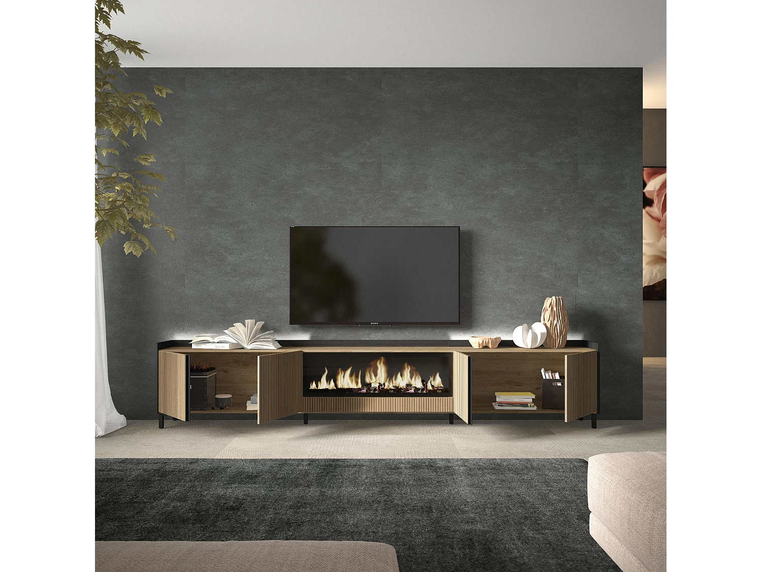 Móvel de TV, 315x61x35 cm, Para televisores até 80", Lareira eléctrica XXL, Design industrial, Led, Carvalho e preto