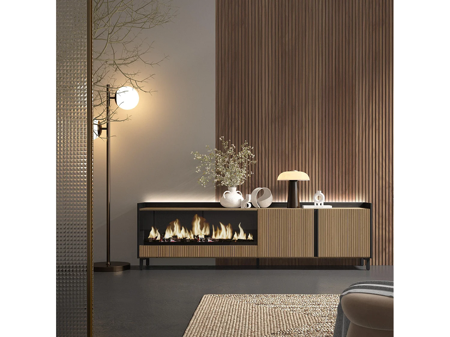 TV-Meubel, Lowboard, 212x61x35 cm, Voor tv's tot 80", Elektrische haard XXL, Industrieel design, Led, Eiken/Zwart