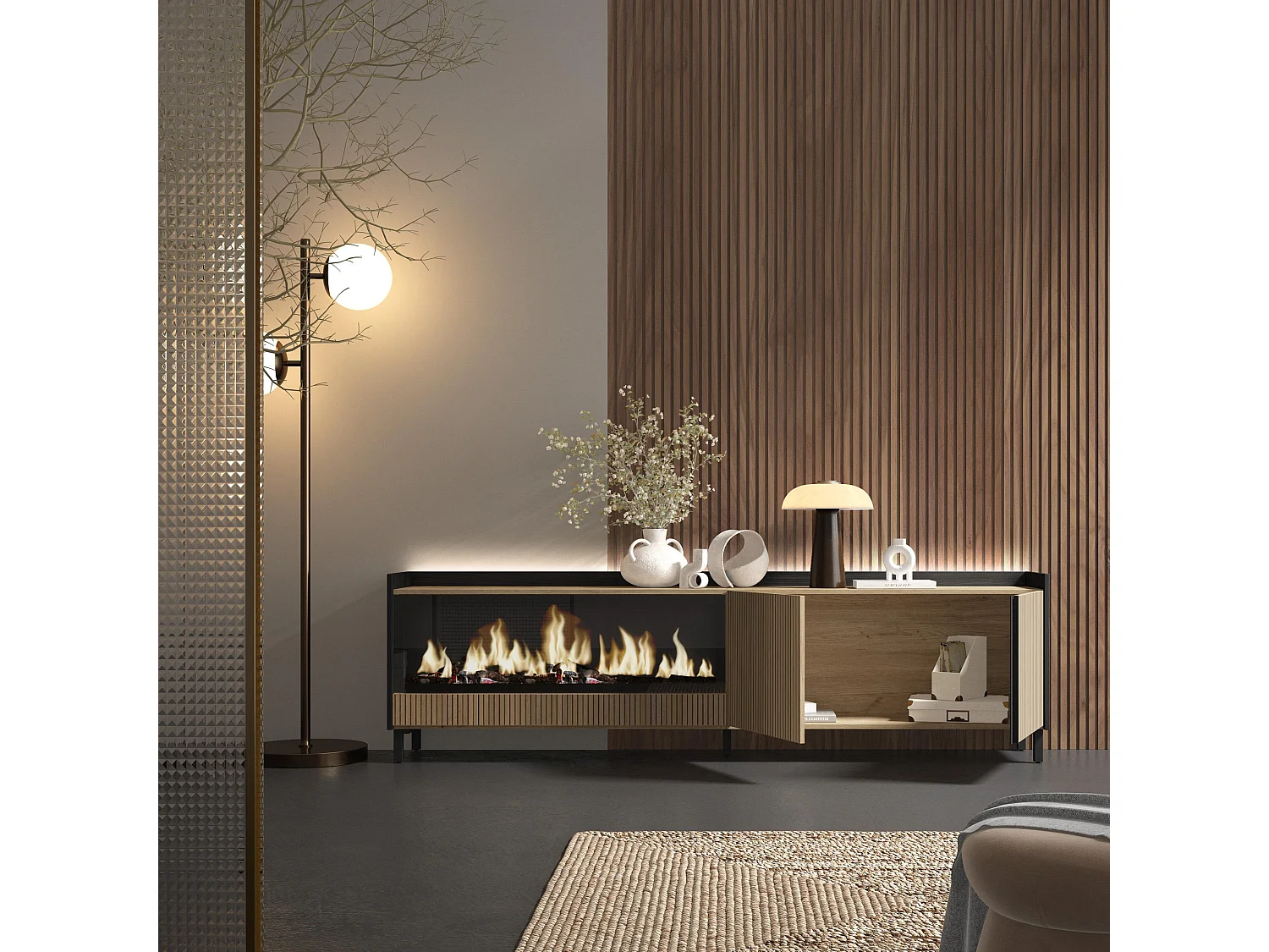 TV-Meubel, Lowboard, 212x61x35 cm, Voor tv's tot 80", Elektrische haard XXL, Industrieel design, Led, Eiken/Zwart