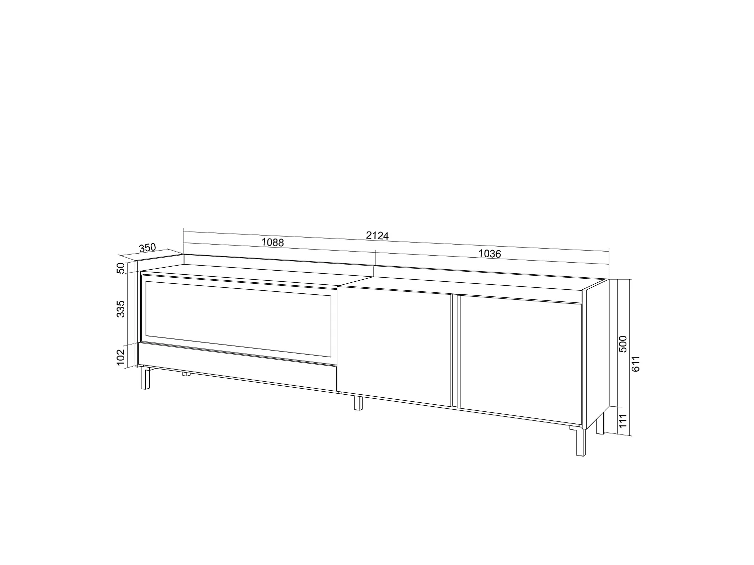 TV-Meubel, Lowboard, 212x61x35 cm, Voor tv's tot 80", Elektrische haard XXL, Industrieel design, Led, Eiken/Zwart