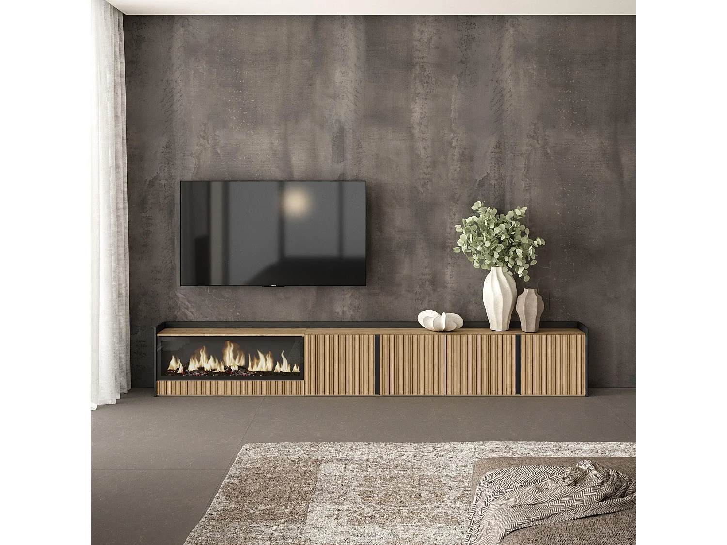 TV-Meubel, Lowboard, 315x50x35 cm, Voor tv's tot 80", Elektrische haard XXL, Eiken/Zwart