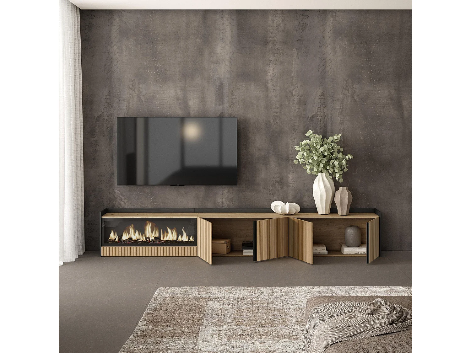 TV-Meubel, Lowboard, 315x50x35 cm, Voor tv's tot 80", Elektrische haard XXL, Eiken/Zwart