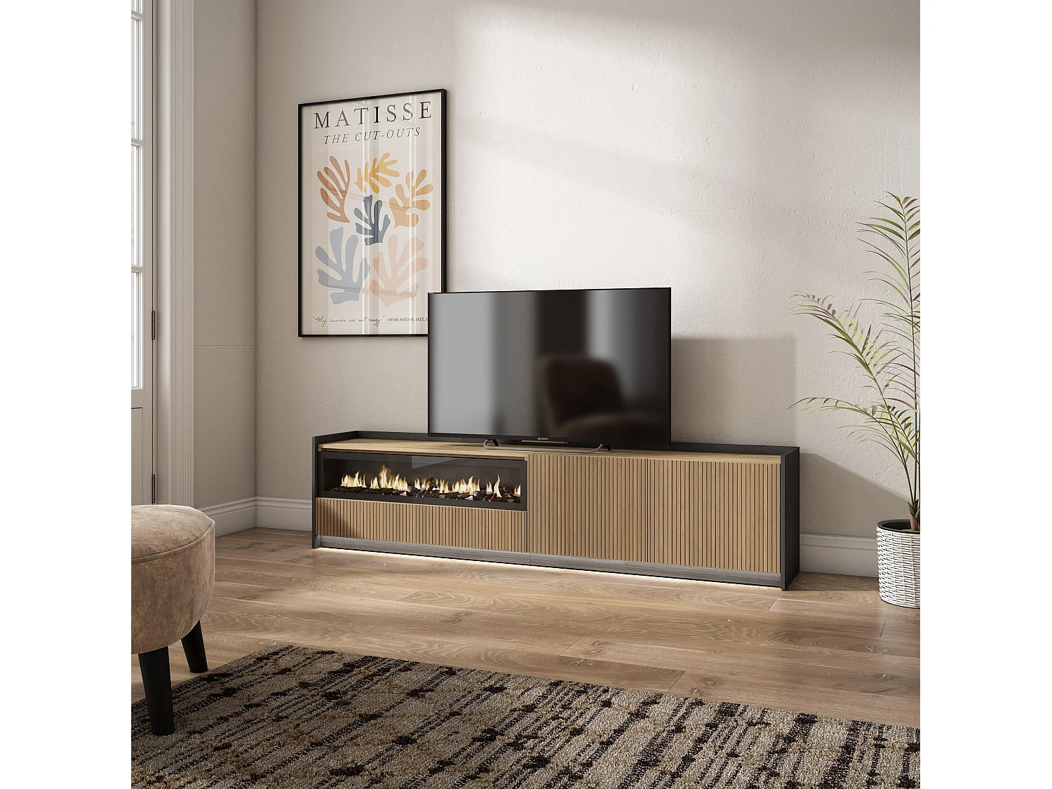 TV-Meubel, Lowboard, 207x50x37 cm, Voor tv's tot 80", Elektrische haard, Led, Eiken/Zwart