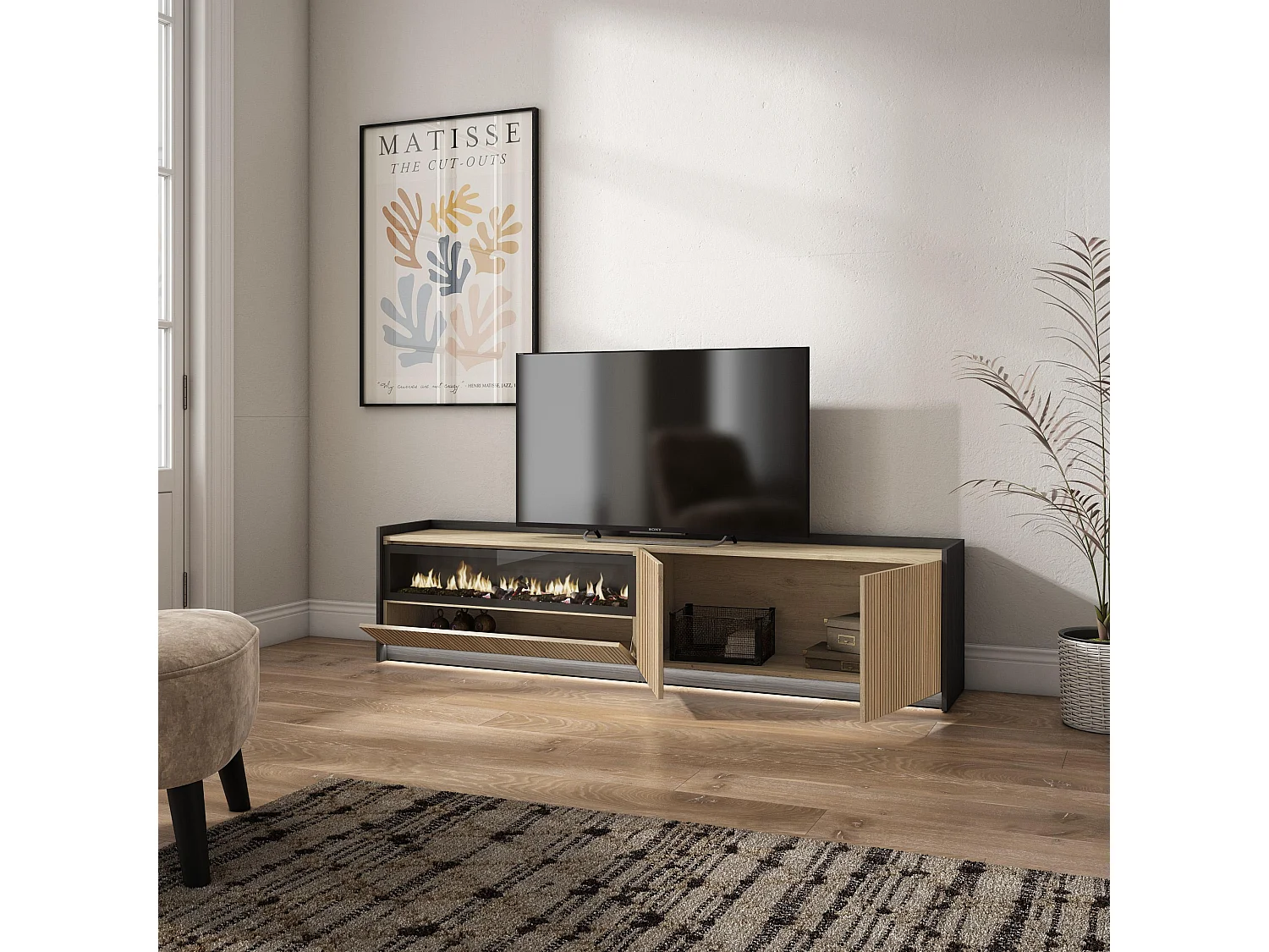 TV-Meubel, Lowboard, 207x50x37 cm, Voor tv's tot 80", Elektrische haard, Led, Eiken/Zwart
