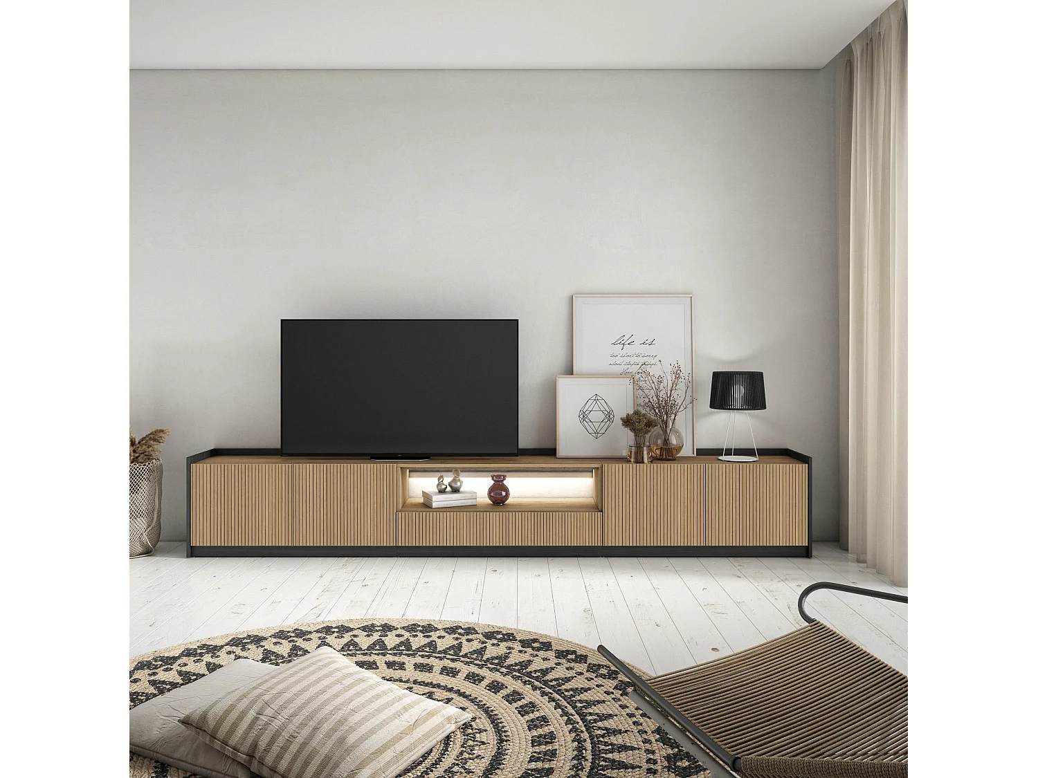 TV-Meubel, Lowboard, 310x50x37 cm, Voor tv's tot 80", Led, Eiken/Zwart
