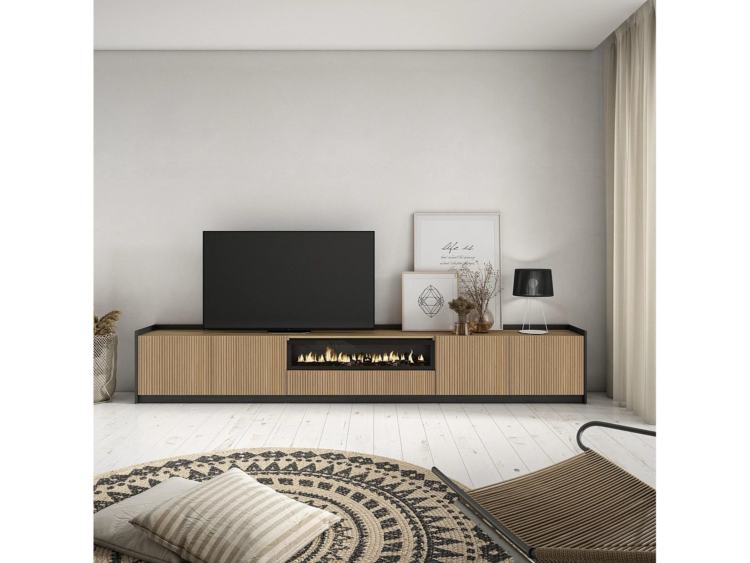TV-Meubel, Lowboard, 310x50x37 cm, Voor tv's tot 80", Elektrische haard, Eiken/Zwart
