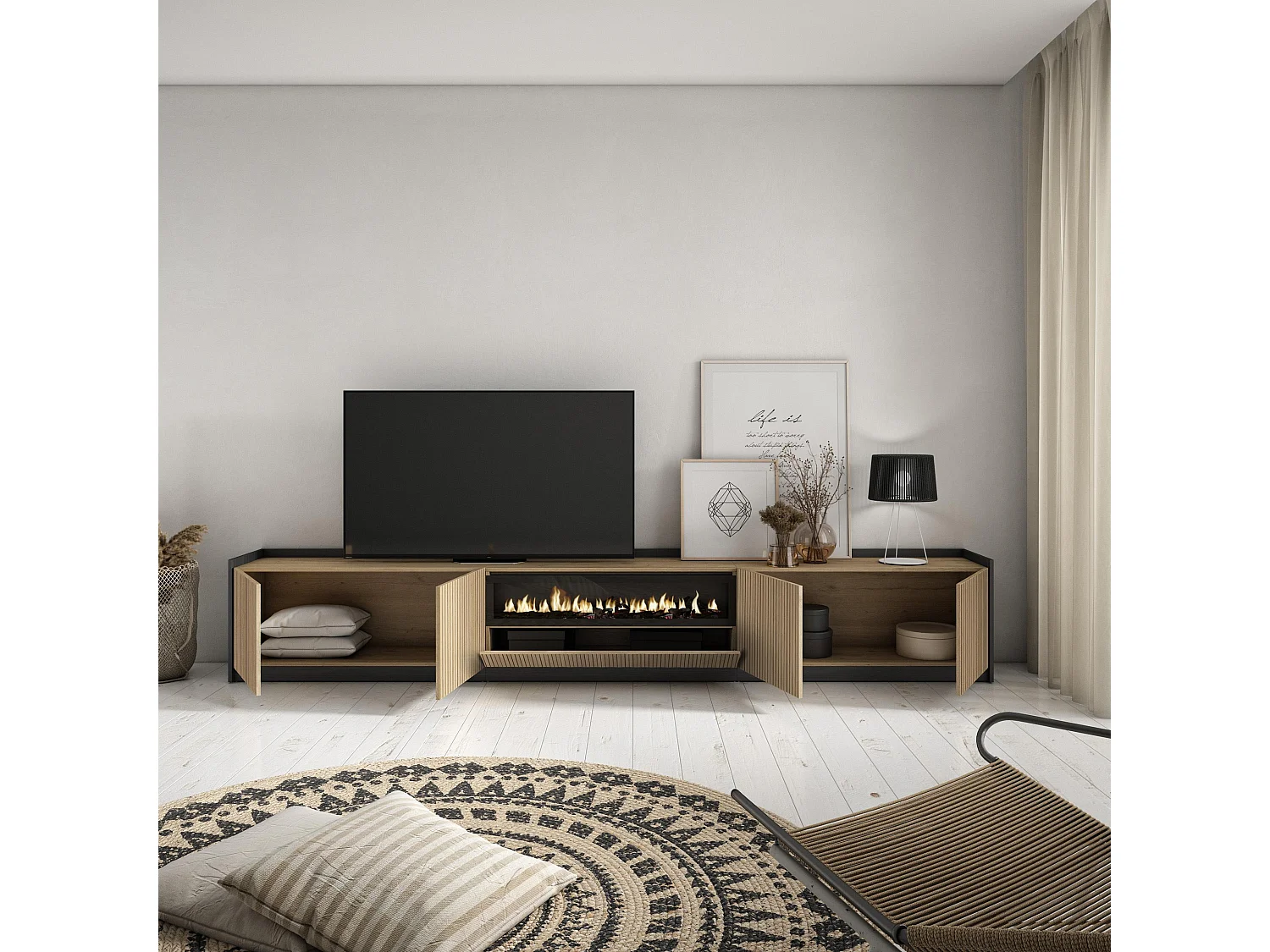 TV-Meubel, Lowboard, 310x50x37 cm, Voor tv's tot 80", Elektrische haard, Eiken/Zwart