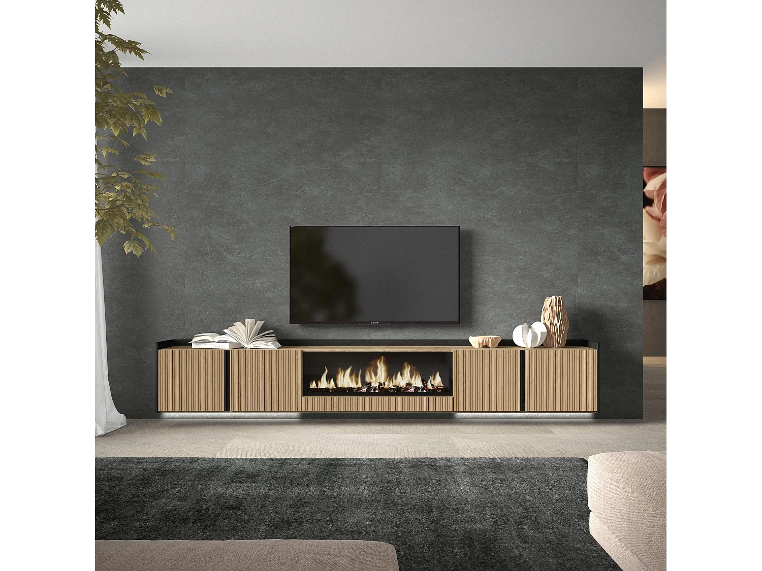 TV-Meubel, Lowboard, 315x50x35 cm, Voor tv's tot 80", Elektrische haard XXL, Hangend, Led, Eiken/Zwart