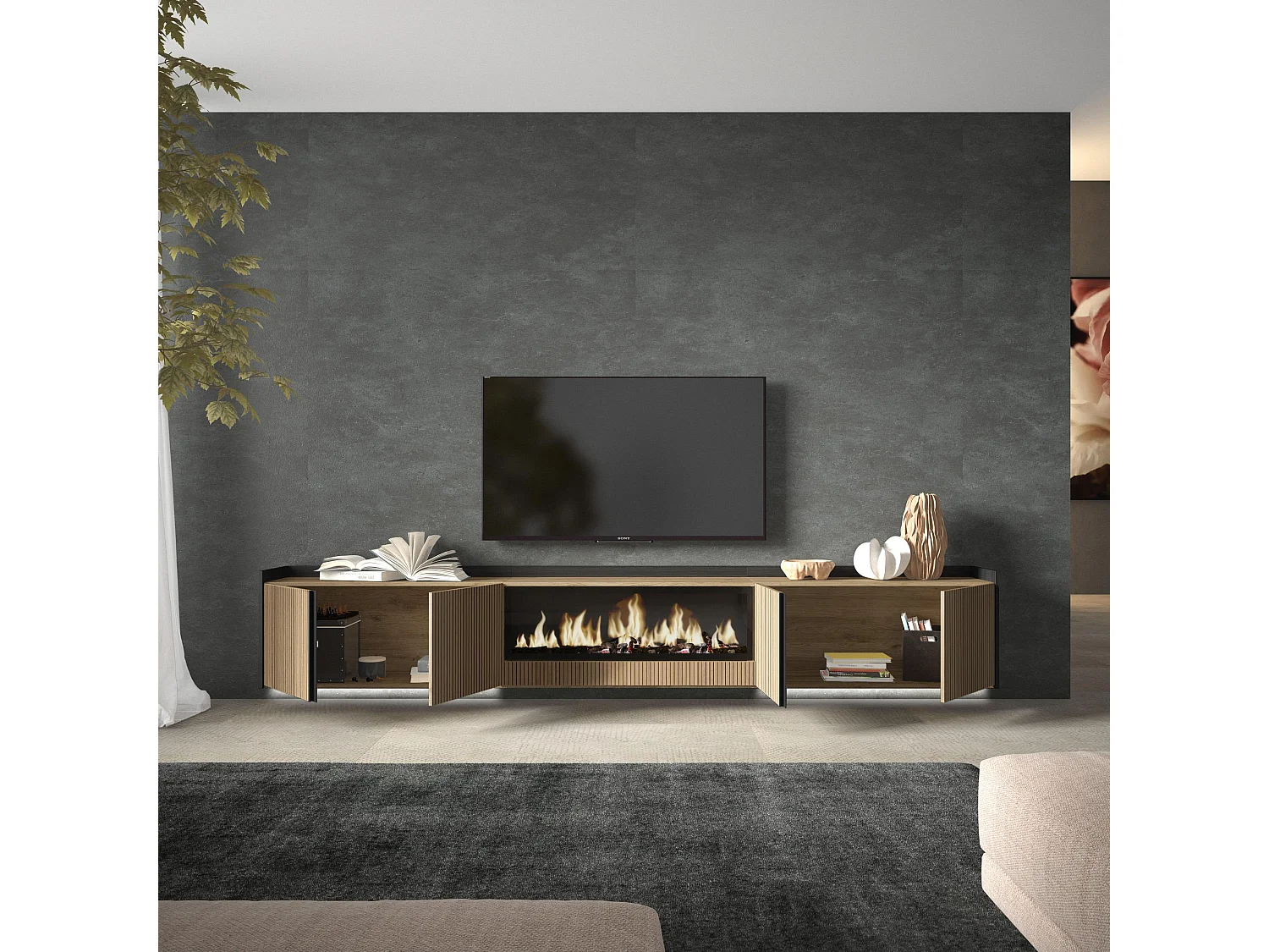 TV-Meubel, Lowboard, 315x50x35 cm, Voor tv's tot 80", Elektrische haard XXL, Hangend, Led, Eiken/Zwart