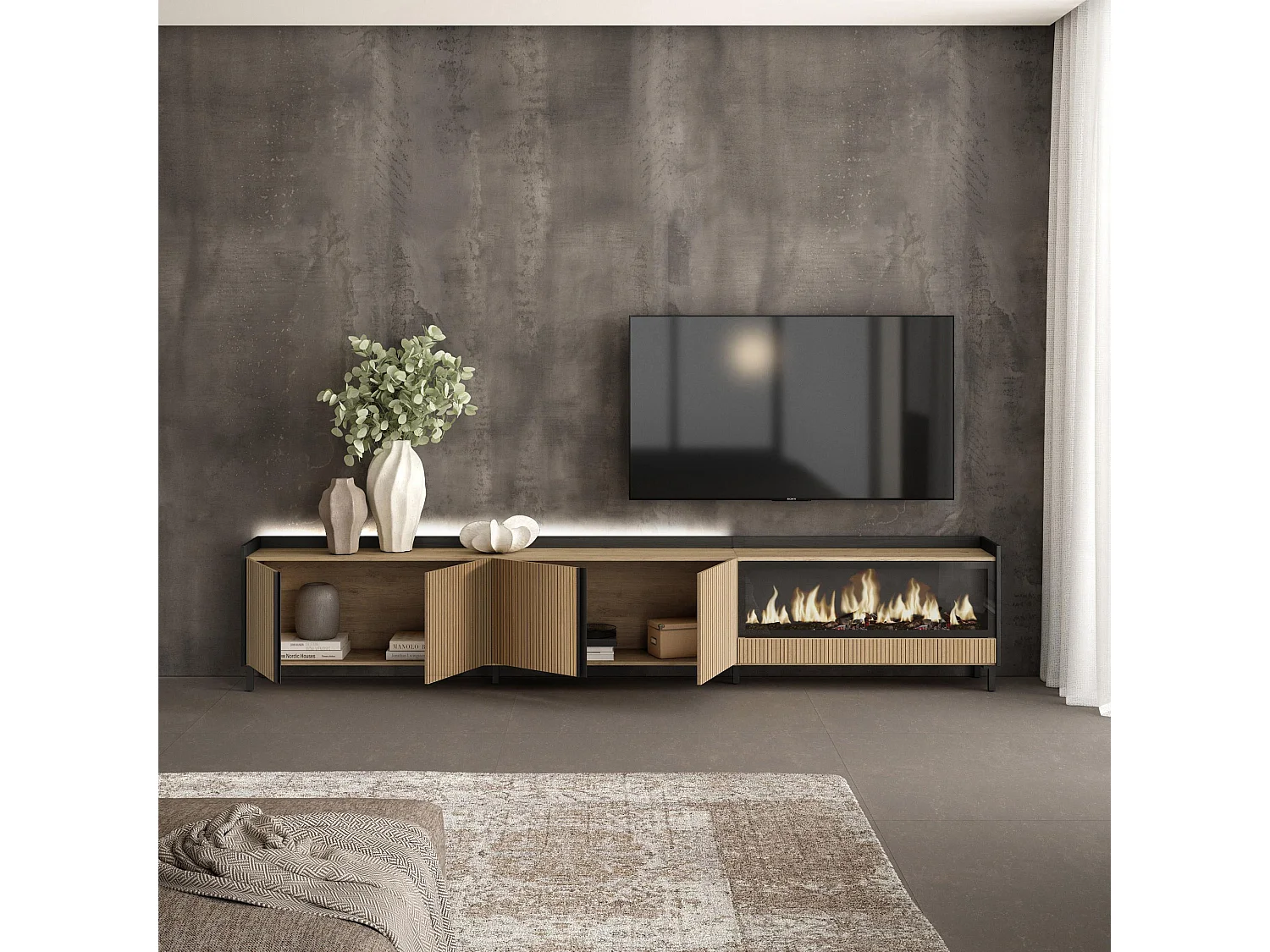 Móvel de TV, 315x61x35 cm, Para televisores até 80", Lareira eléctrica XXL, Design industrial, Led, Carvalho e preto