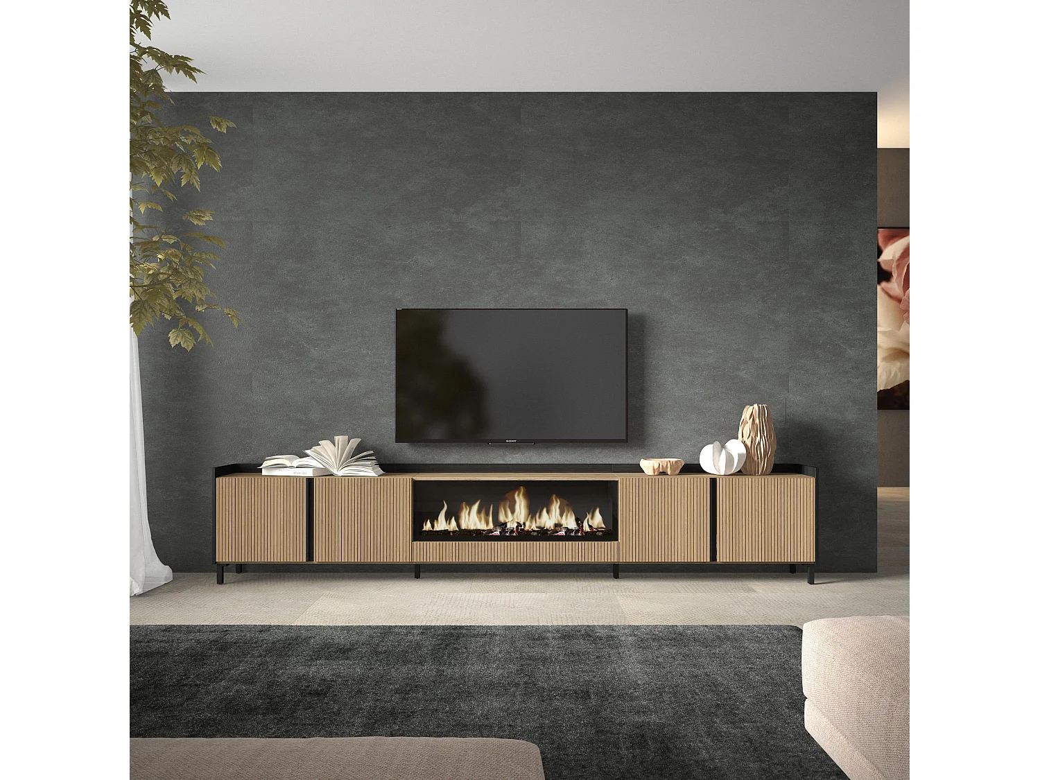 TV-Meubel, Lowboard, 315x61x35 cm, Voor tv's tot 80", Elektrische haard XXL, Industrieel design, Eiken/Zwart