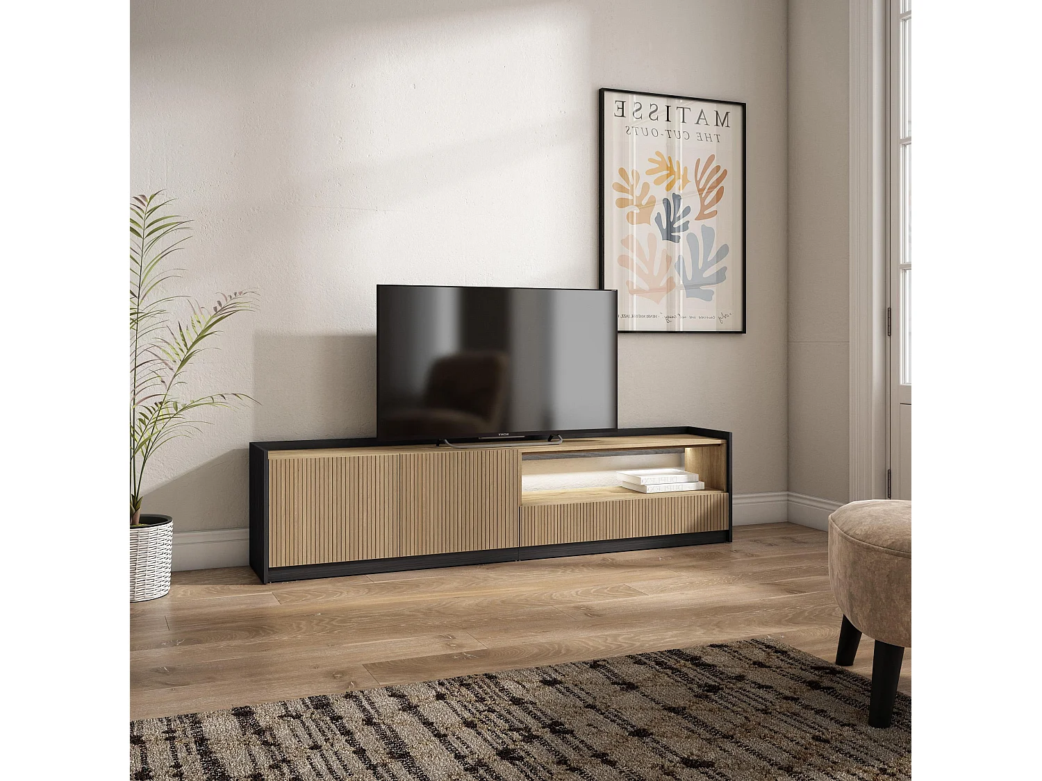 Móvel de TV, 207x50x37 cm, Para televisores até 80", Led, Carvalho e preto