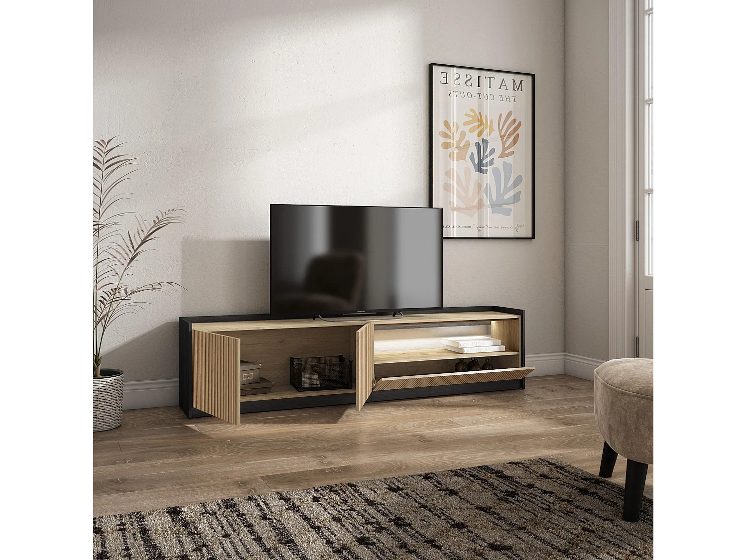 Móvel de TV, 207x50x37 cm, Para televisores até 80", Led, Carvalho e preto