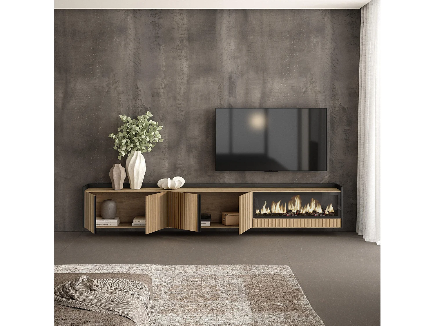 Meuble TV, Banc Télé, 315x50x35 cm, Pour les TV jusqu'à 80", Cheminée électrique XXL, Suspendu, Mural, Chêne et noir