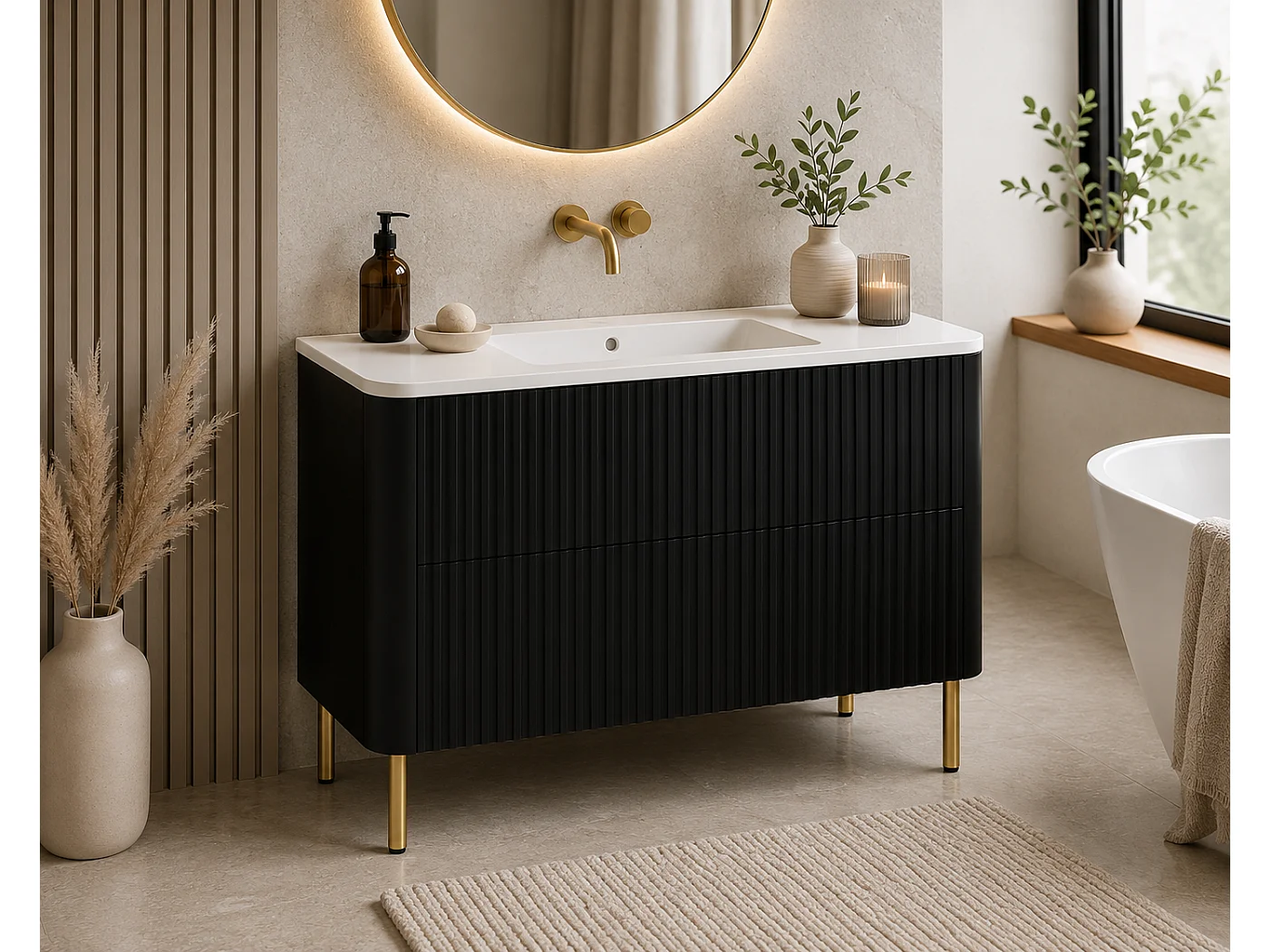 Badezimmerschrank 100, Schwarz, mit Waschbecken, Beine gold, 100,7 x 44,4 x 64,9 cm