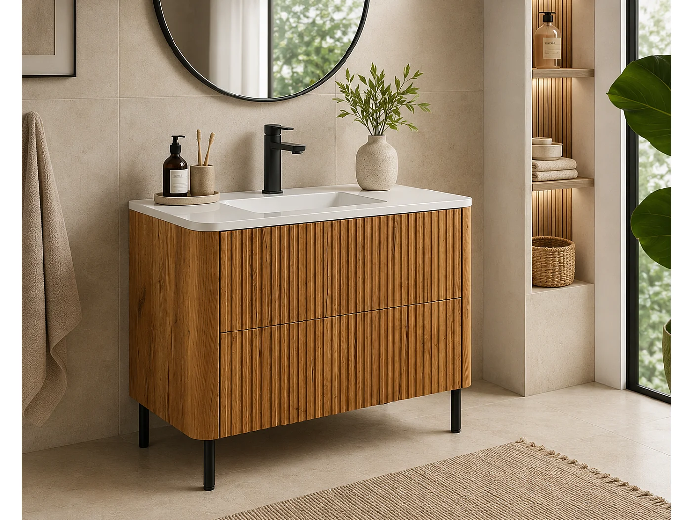 Badezimmerschrank 80, Craft-Eiche, mit Waschbecken, Beine schwarz, 80,7 x 44,4 x 64,9 cm